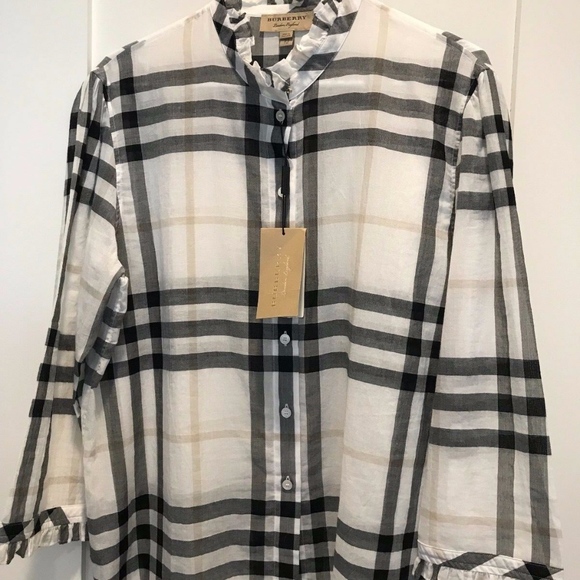 Burberry Tops - Burberry White Check Salla Ruffle Cotton Shirt
